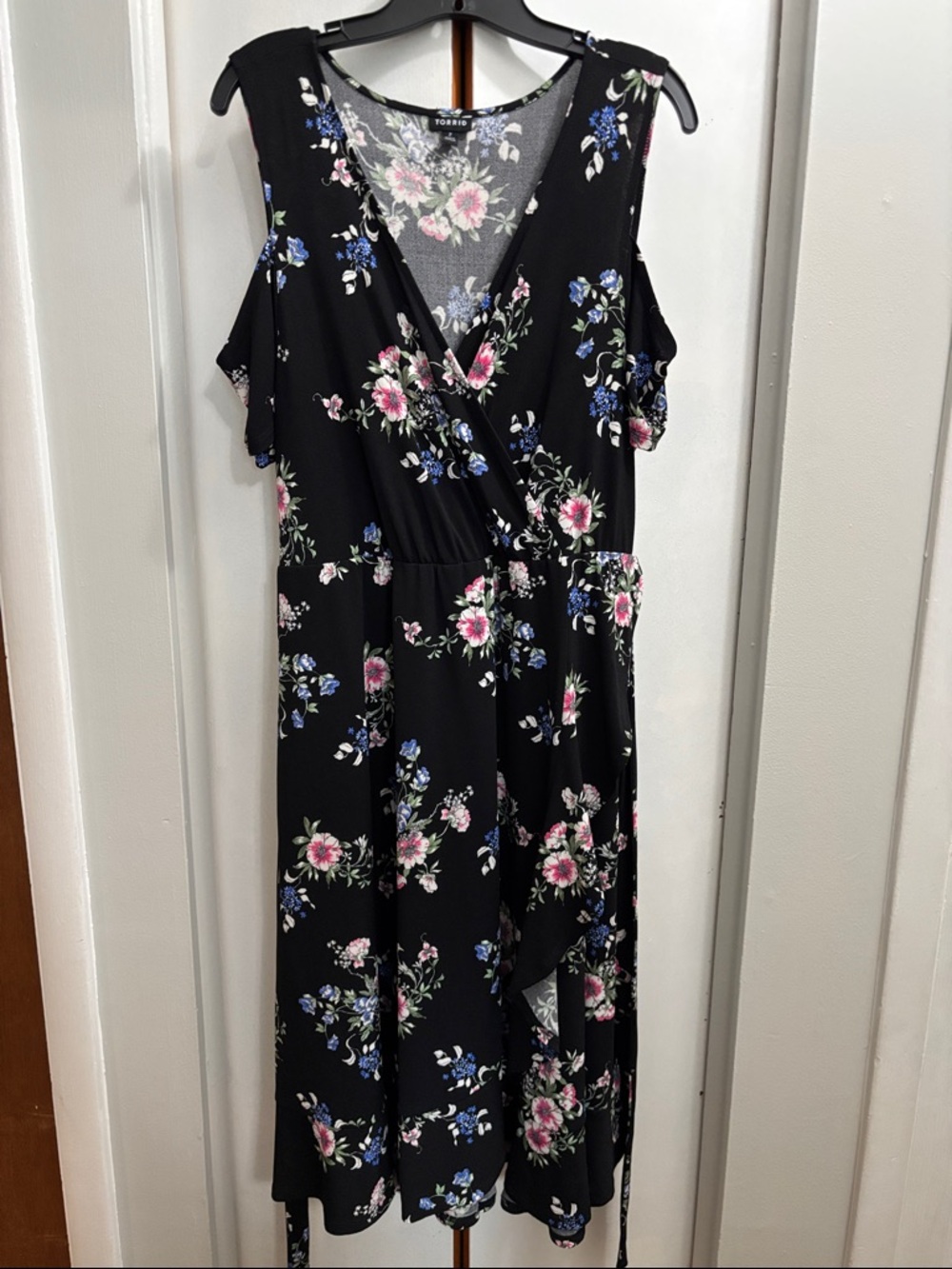 torrid Black Floral Cold-Shoulder Wrap Midi Dress with Pink & Blue Blooms